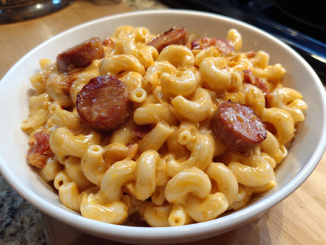 Close-up of creamy macaroni mixed with cheese sauce and topped with slices of browned kielbasa pasta.