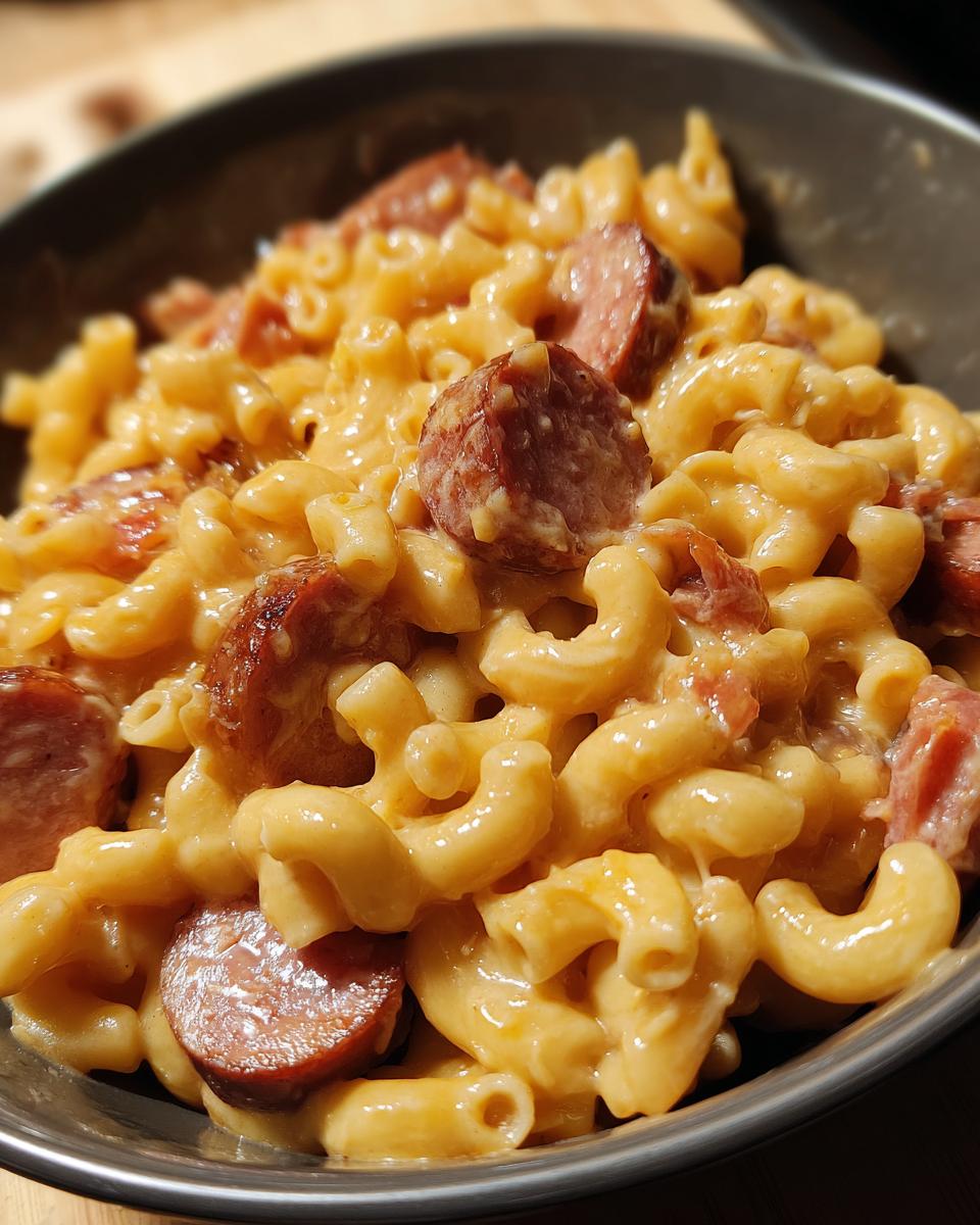Close-up of creamy macaroni mixed with sliced, browned kielbasa sausage in a dark bowl, featuring the kielbasa pasta dish.