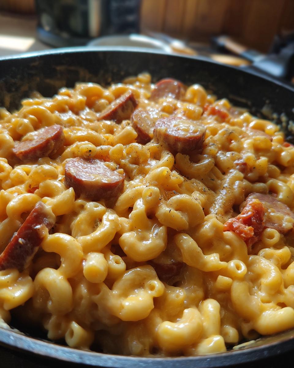 Close-up of creamy macaroni mixed with sliced kielbasa sausage, a perfect example of kielbasa pasta.