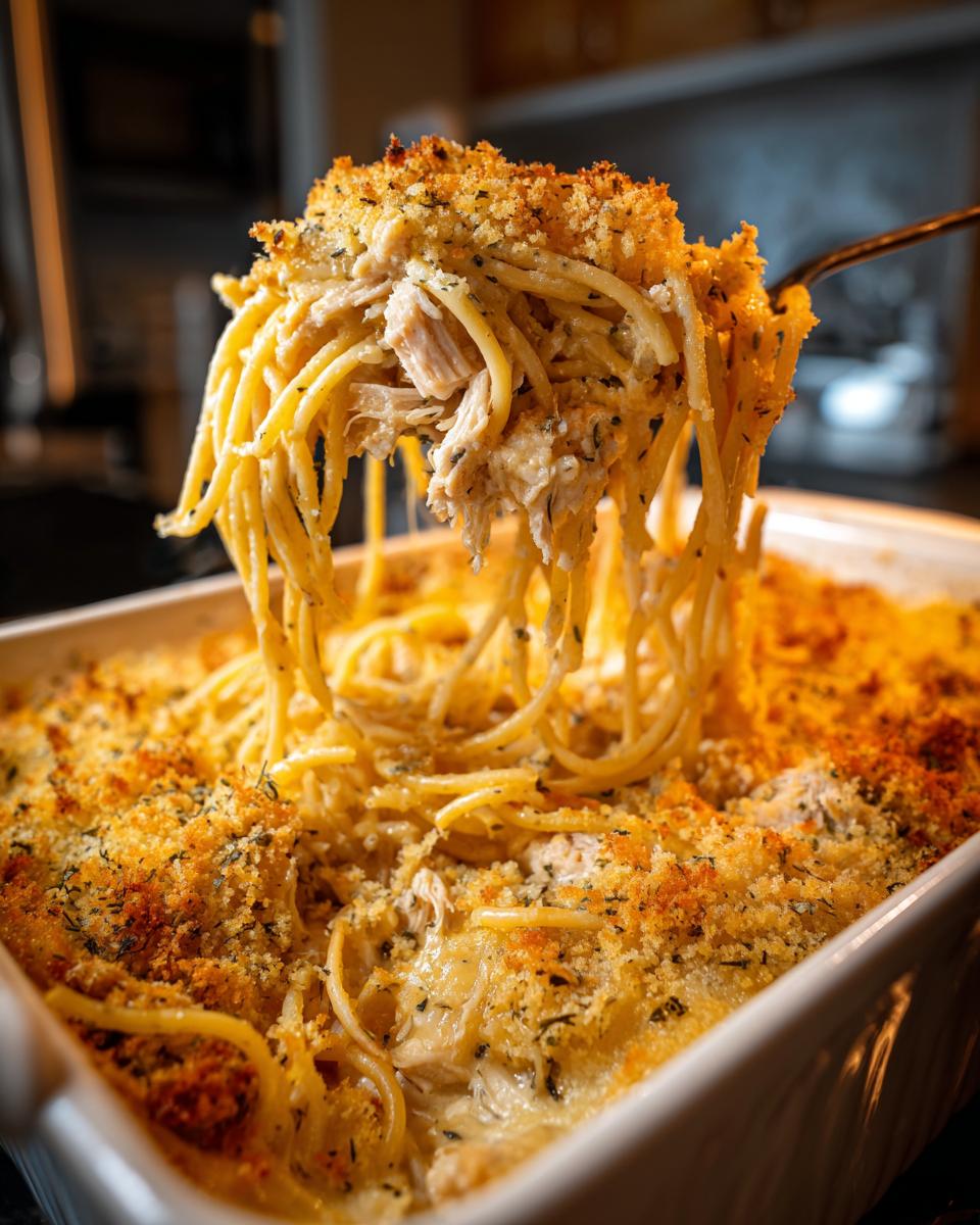 A fork lifts a generous portion of creamy monterey chicken spaghetti topped with golden breadcrumbs from a white baking dish.