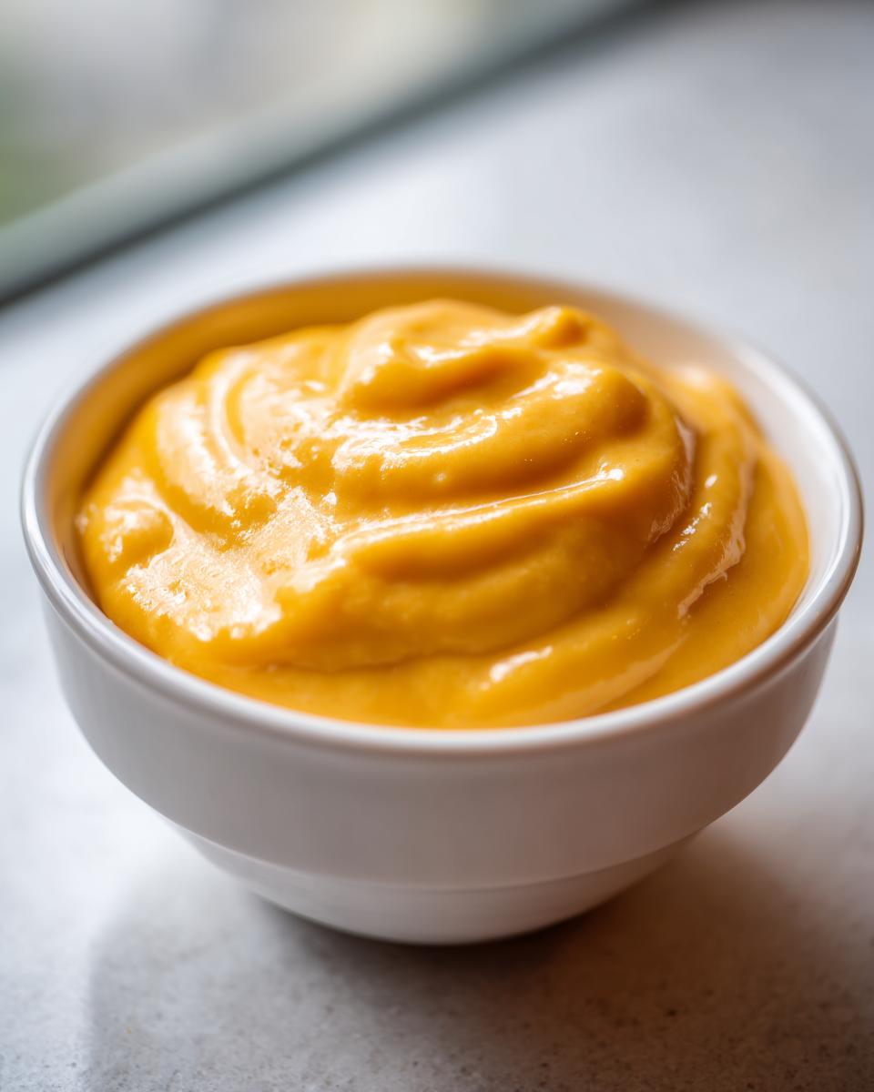 Close-up of creamy, bright orange nacho cheese sauce swirled in a small white bowl.
