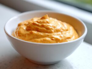 Close-up of creamy, orange homemade nacho cheese sauce served in a small white bowl.