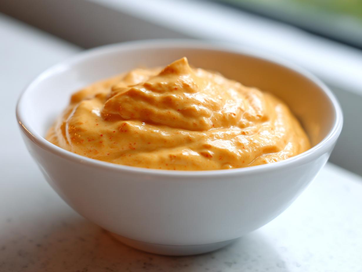 Close-up of creamy, orange homemade nacho cheese sauce served in a small white bowl.