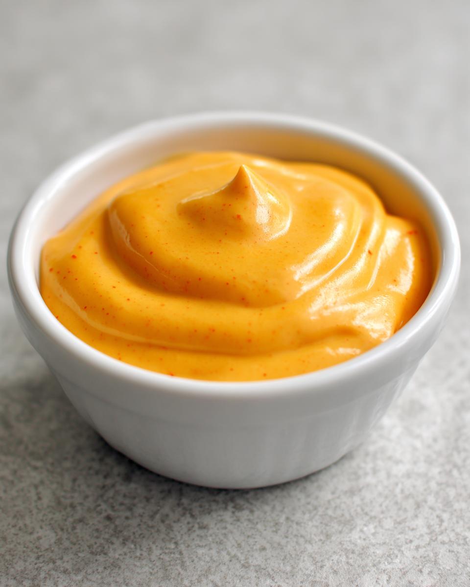 Close-up of creamy, bright orange homemade nacho cheese sauce swirled in a small white bowl.