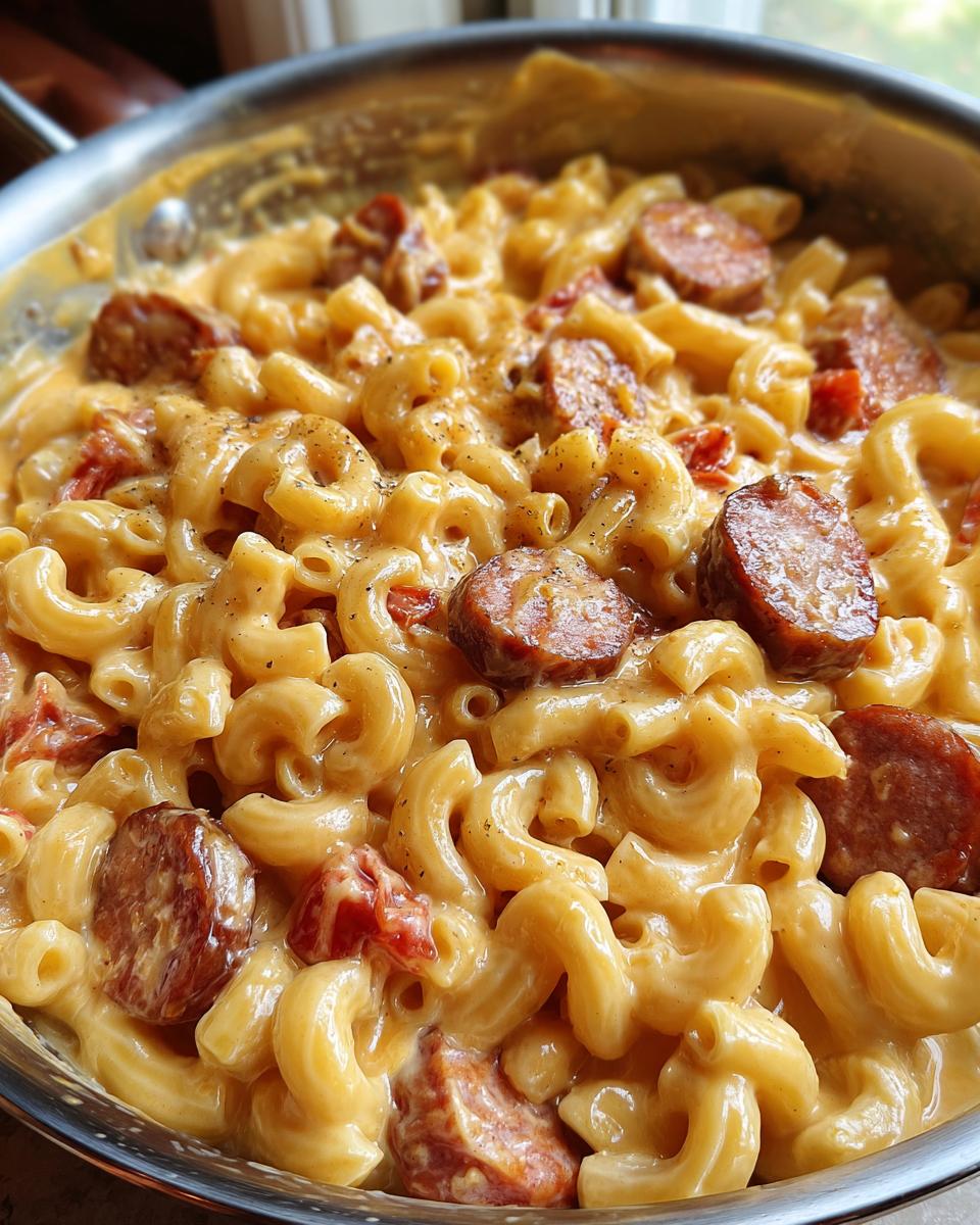 Close-up of creamy macaroni mixed with sliced, browned kielbasa pasta in a stainless steel skillet.
