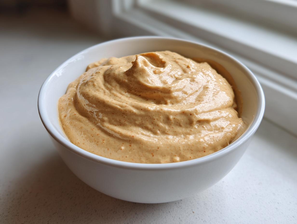 A close-up of a thick, creamy peanut sauce swirled in a white bowl, ready for serving.