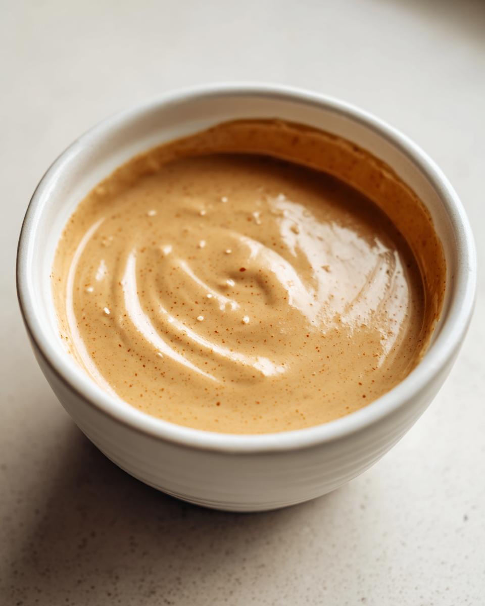 Close-up of creamy peanut sauce swirled in a small white bowl, ready for dipping.