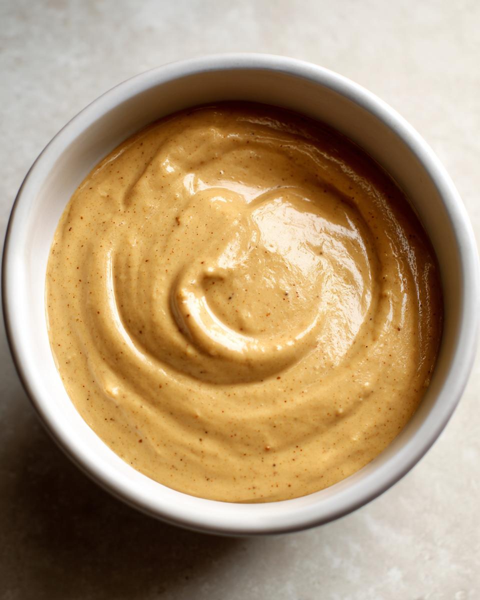 Overhead close-up of creamy peanut sauce swirled in a small white bowl.