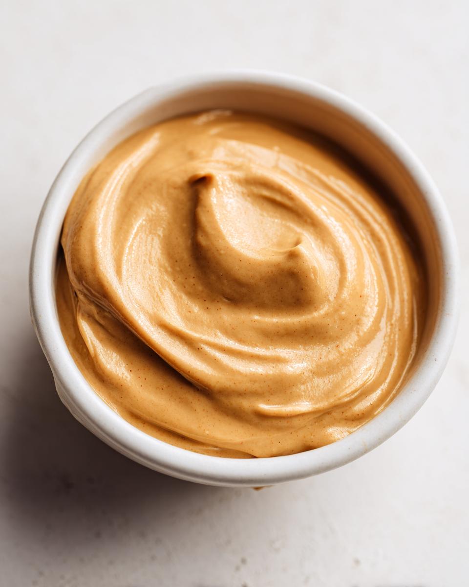 Close-up overhead shot of thick, creamy peanut sauce swirled in a small white bowl.