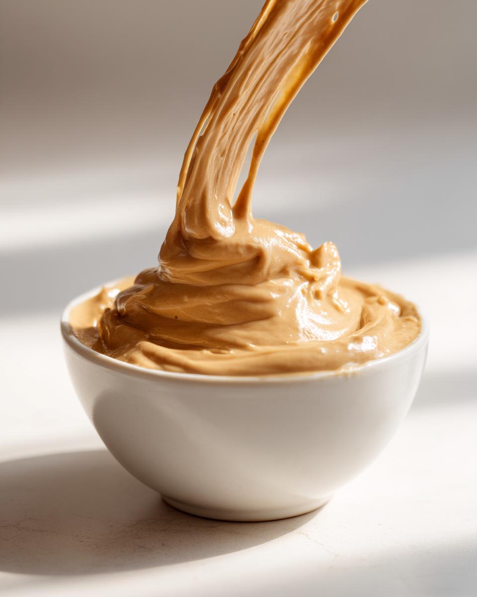 Close-up of thick, creamy peanut sauce being poured or drizzled into a small white bowl, showing its smooth texture.