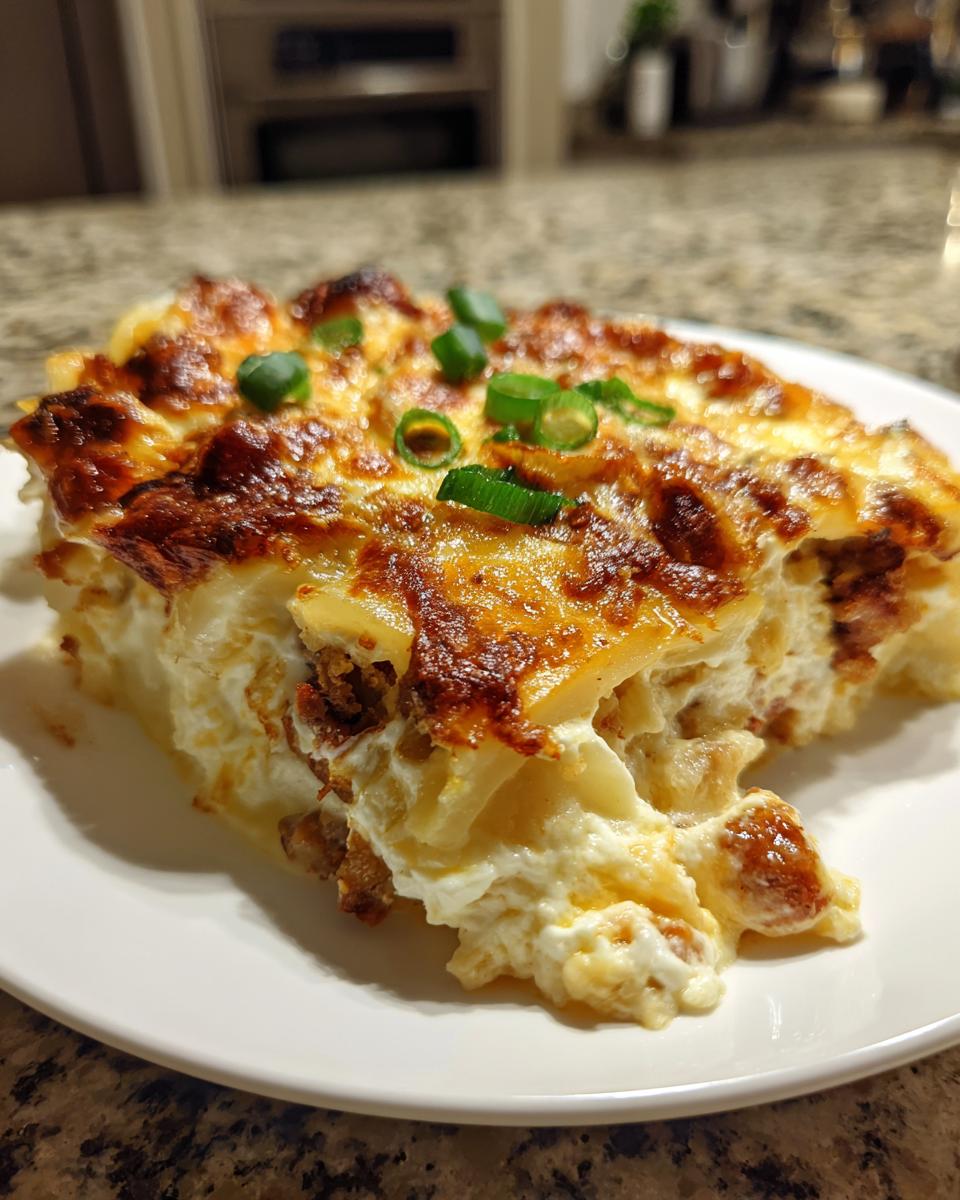 A close-up of a generous slice of creamy pierogi casserole, featuring a golden-brown, cheesy top garnished with fresh green onions.