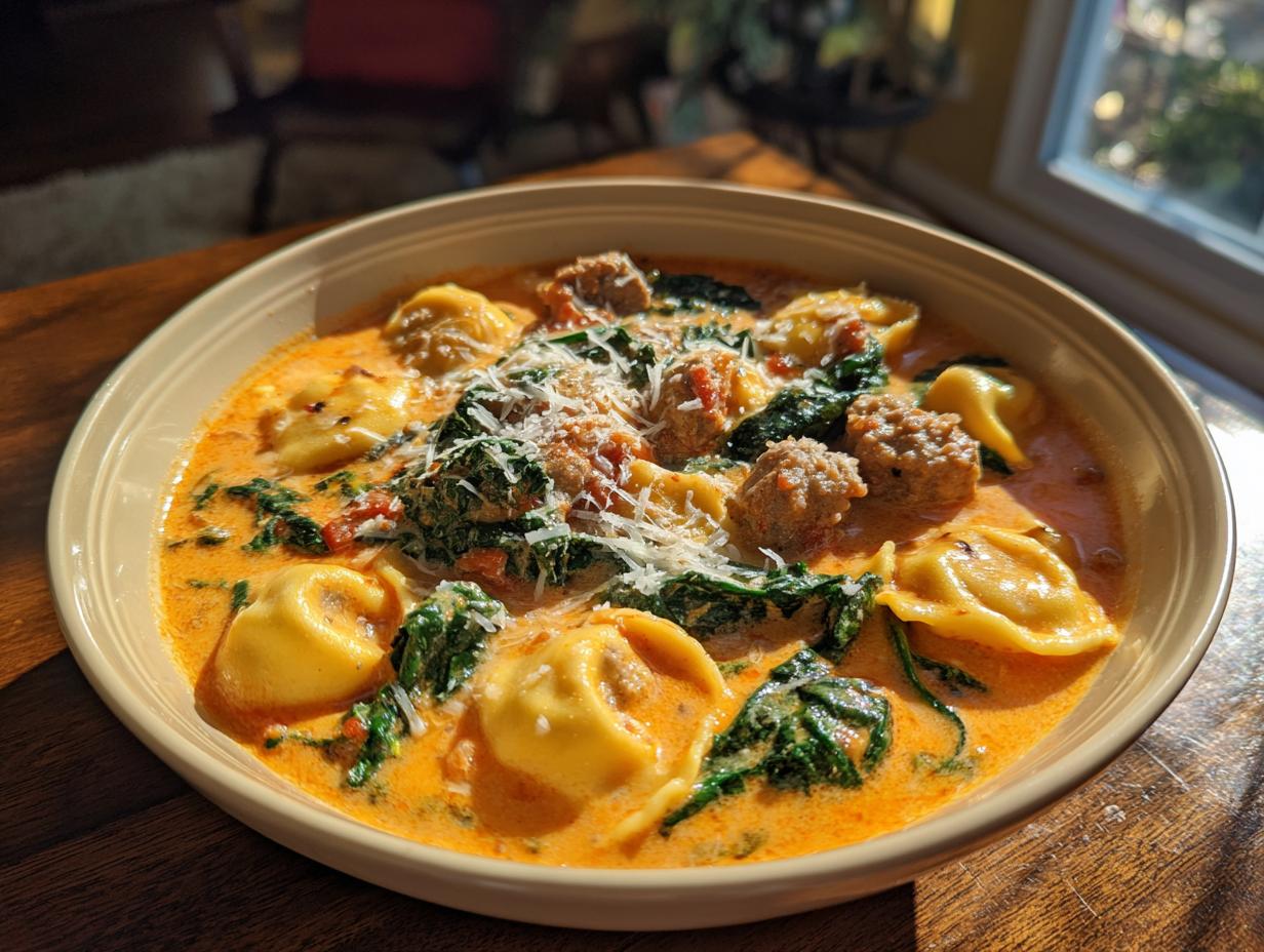 A close-up of a bowl of creamy ravioli soup featuring sausage, spinach, and grated Parmesan cheese.