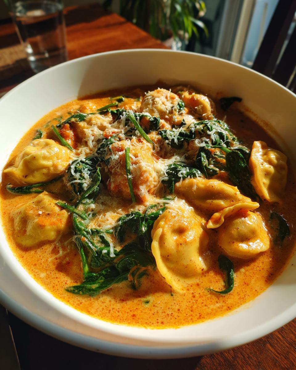 A close-up of creamy ravioli soup featuring cheese tortellini, wilted spinach, and grated parmesan cheese.