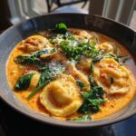 Close-up of creamy ravioli soup featuring cheese ravioli, wilted spinach, and grated parmesan cheese.