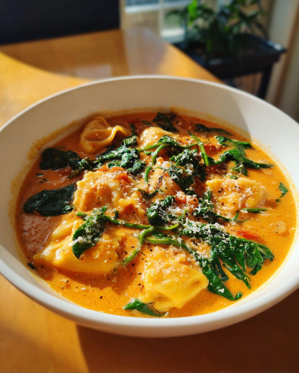 A close-up of a white bowl filled with creamy ravioli soup, featuring cheese ravioli, wilted spinach, and grated Parmesan.