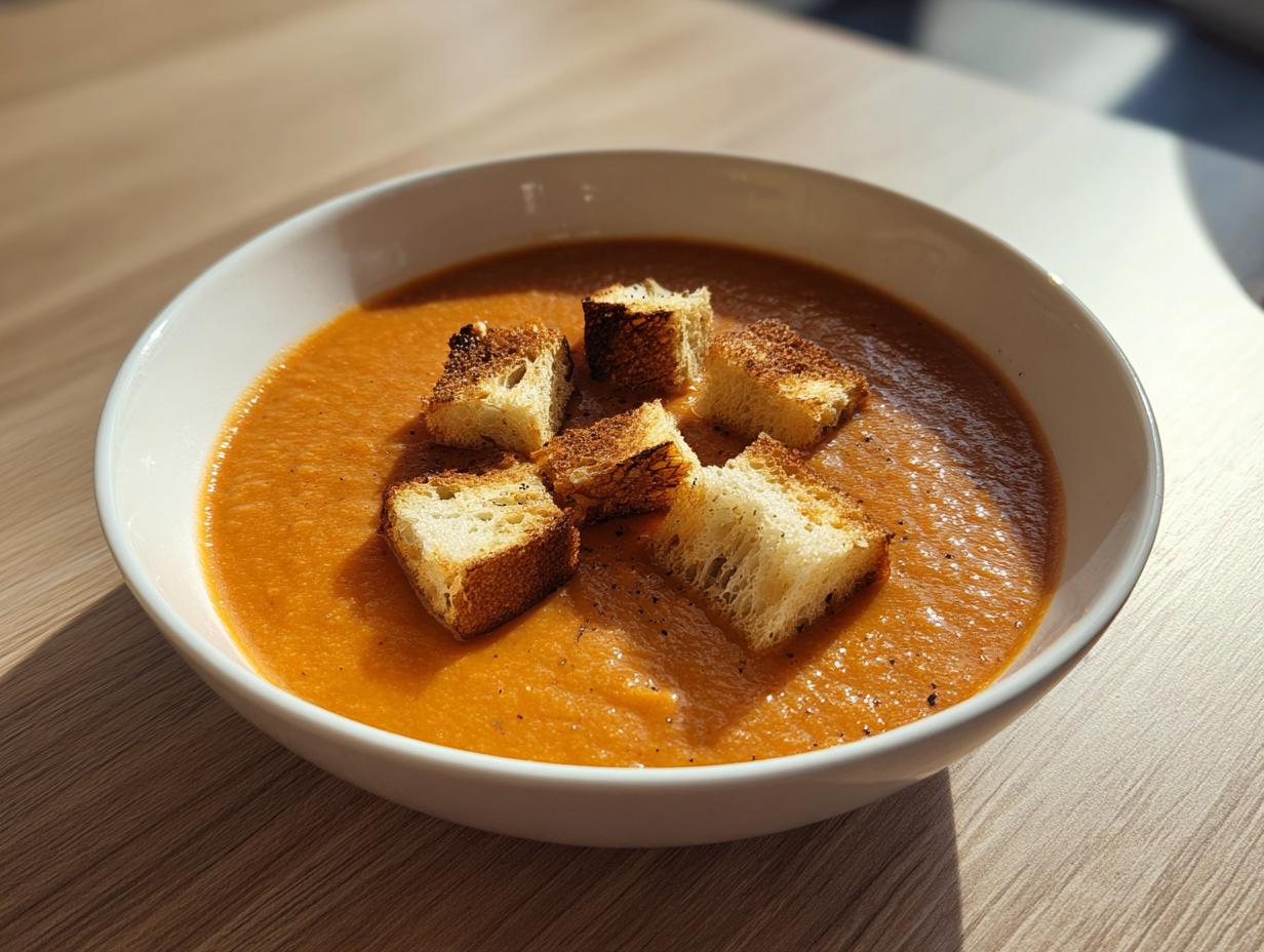 A white bowl filled with creamy, orange-hued roasted tomato soup, topped with golden brown croutons.