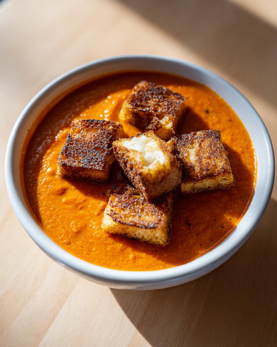 A bowl of rich, orange roasted tomato soup topped with golden brown grilled cheese croutons.