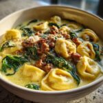 Close-up of a hearty bowl of creamy sausage tortellini soup featuring cheese tortellini, spinach, and crumbled sausage.