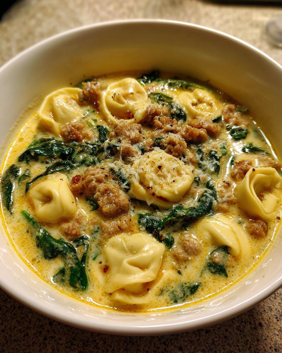 Close-up of a bowl of creamy sausage tortellini soup featuring tortellini pasta, crumbled sausage, and wilted spinach.