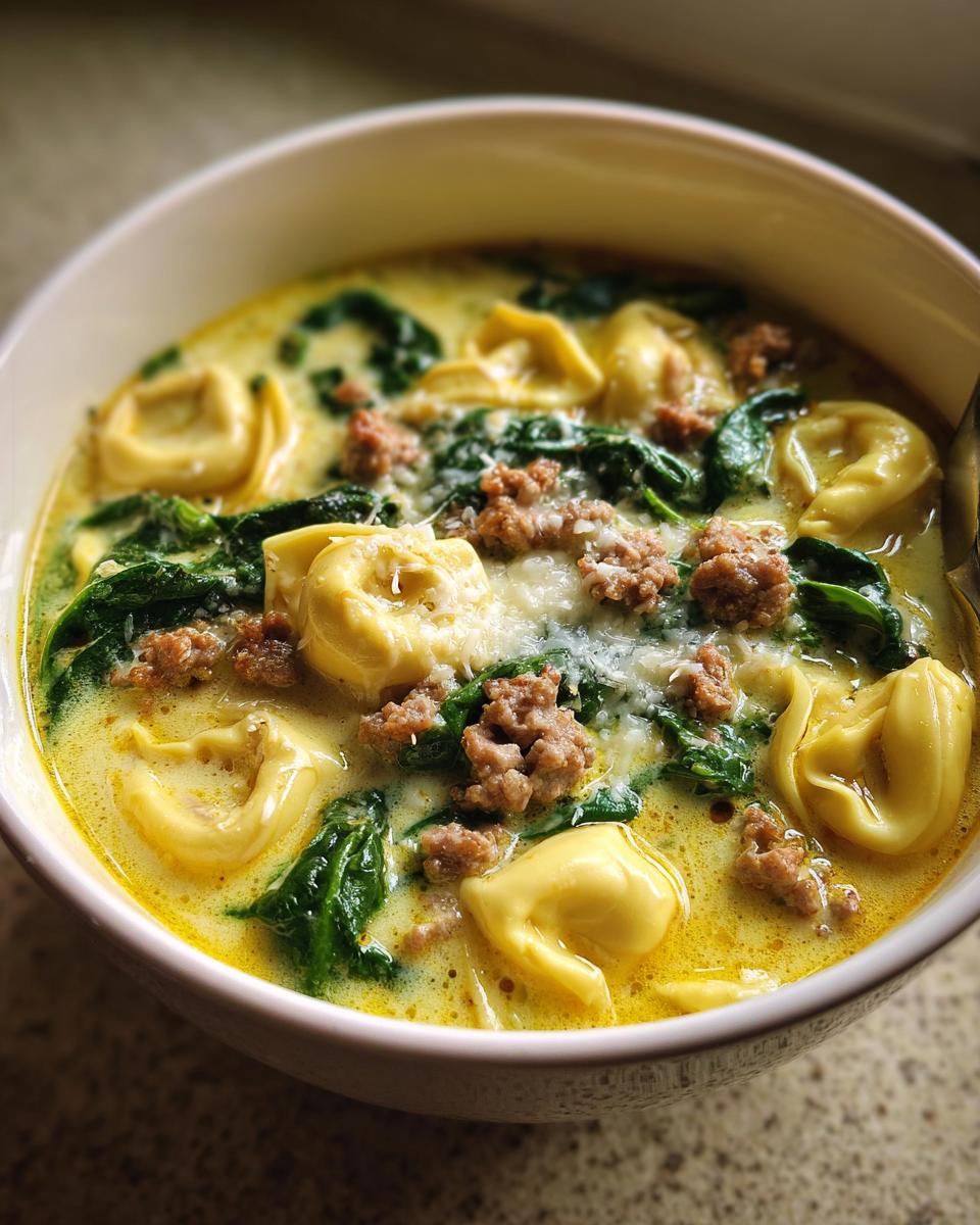 Close-up of a bowl of creamy sausage tortellini soup, featuring yellow tortellini, browned sausage, and wilted spinach.