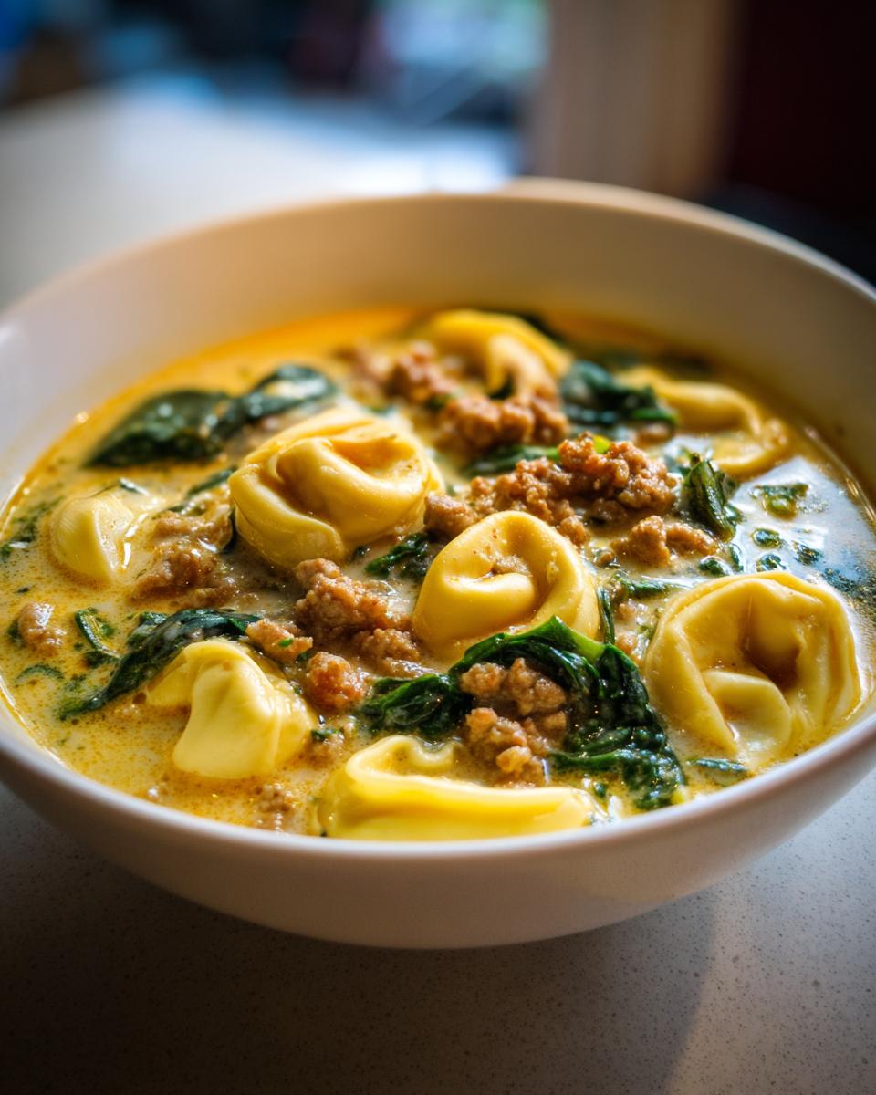 Close-up of a white bowl filled with creamy sausage tortellini soup, featuring cheese tortellini, browned sausage, and wilted spinach.