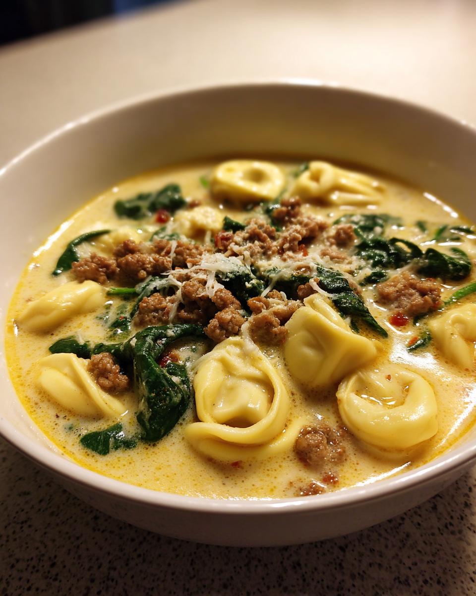 A close-up of a white bowl filled with creamy sausage tortellini soup, featuring pasta, ground sausage, and wilted spinach.