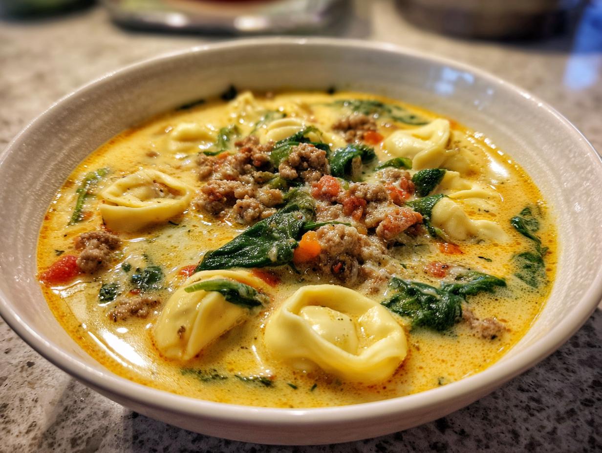Close-up of a white bowl filled with creamy sausage tortellini soup, featuring tortellini, ground sausage, and wilted spinach.