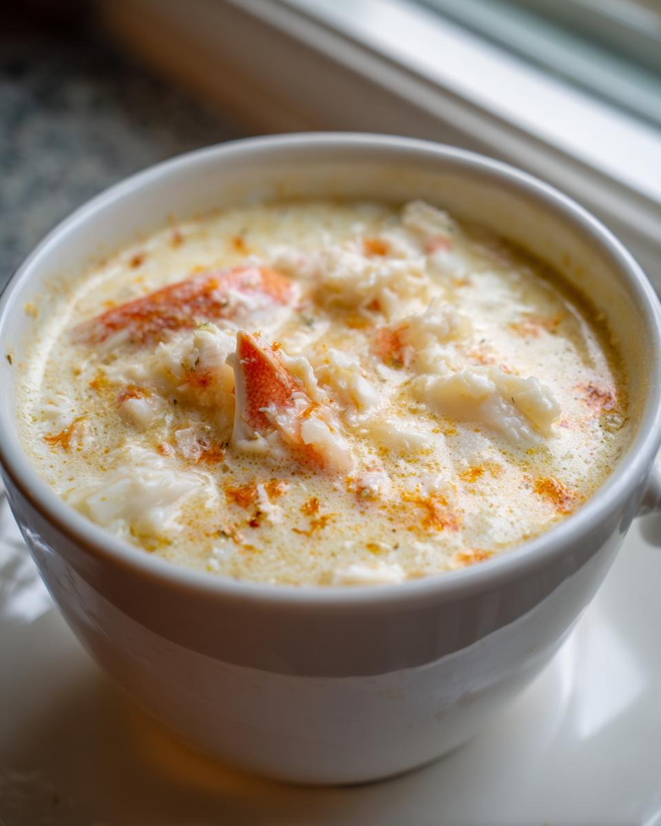 Close-up of rich, creamy she crab soup topped with spices and large chunks of white and orange crab meat.