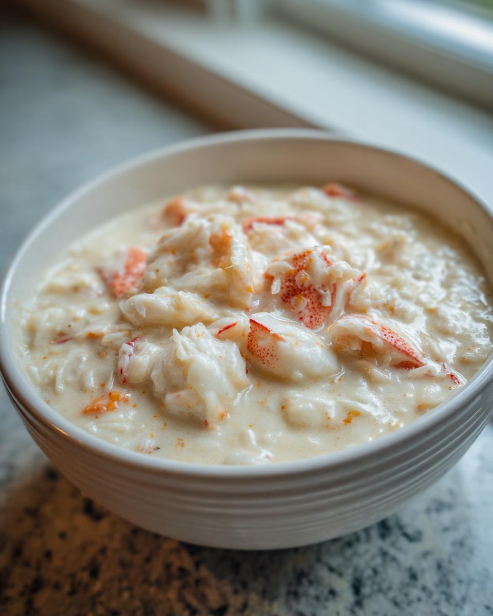 Close-up of a white bowl filled with creamy, rich she crab soup topped generously with chunks of white and red lump crab meat.