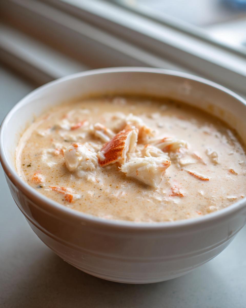 A close-up of a creamy, rich bowl of she crab soup topped with chunks of white and orange crab meat.