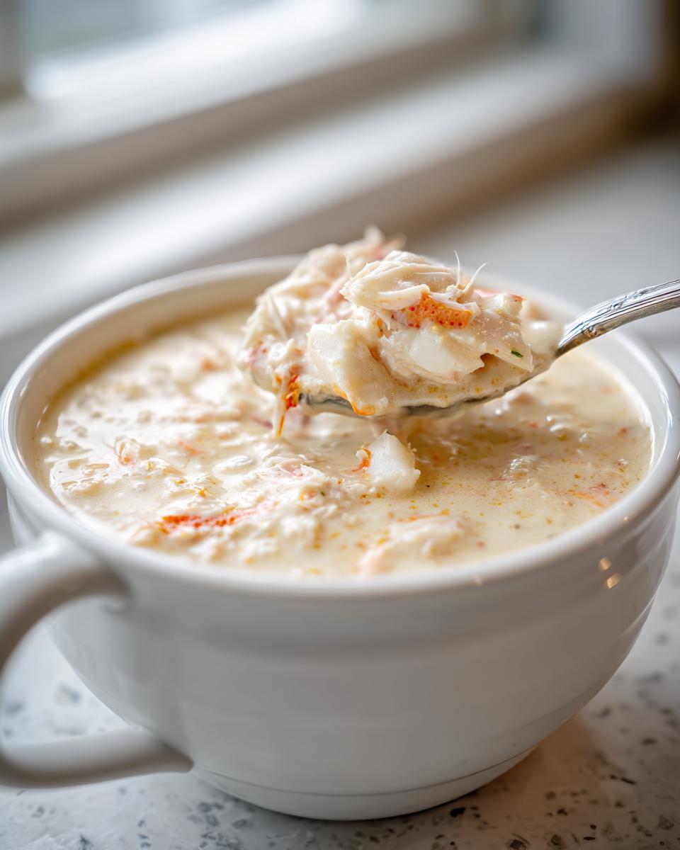A spoonful of rich, creamy she crab soup, loaded with crab meat, being lifted from a white mug.