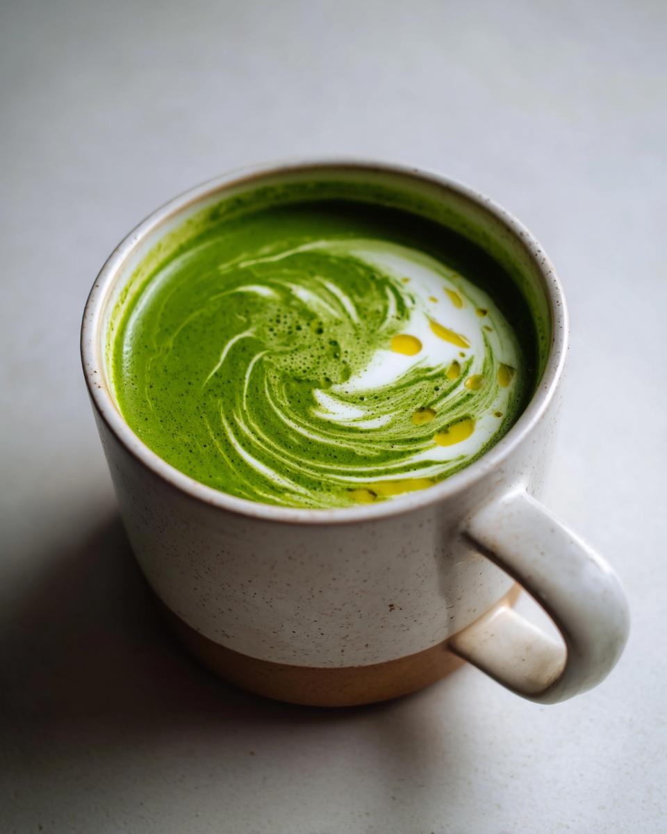 Close-up of a mug of vibrant green zucchini soup topped with a swirl of cream and olive oil.