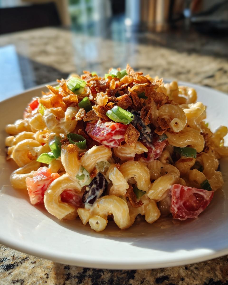 A close-up of creamy taco pasta salad featuring elbow macaroni, tomatoes, and topped with crispy onions and green onions.
