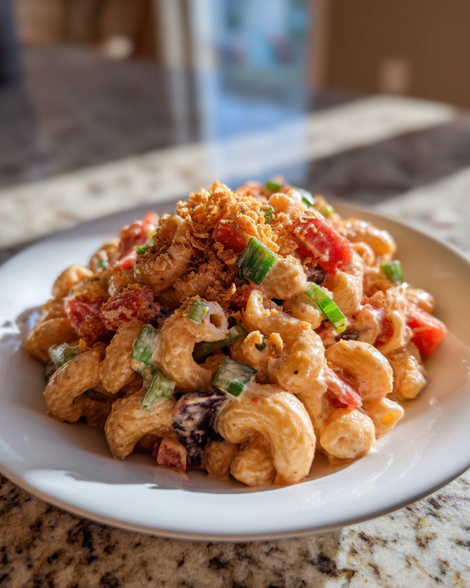 A close-up of creamy taco pasta salad featuring elbow macaroni, tomatoes, green onions, and crispy fried onions on top.
