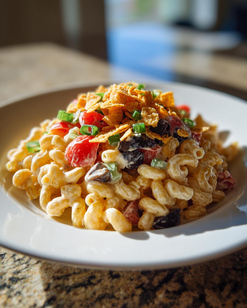 A white bowl filled with creamy taco pasta salad, featuring elbow macaroni, tomatoes, olives, and topped with crushed tortilla chips.