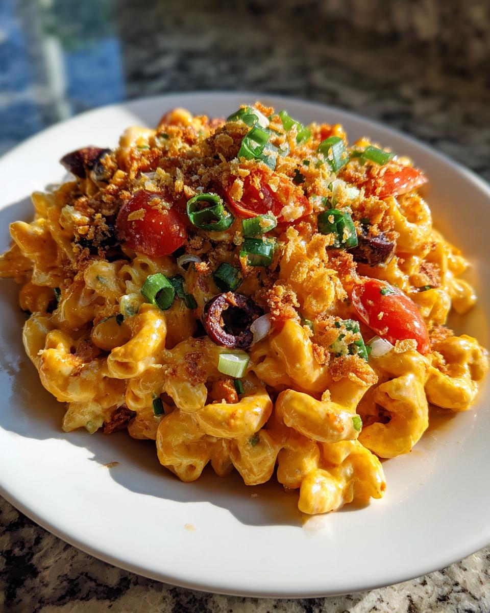 A close-up of creamy taco pasta salad featuring elbow macaroni coated in orange sauce, topped with tomatoes, olives, and green onions.