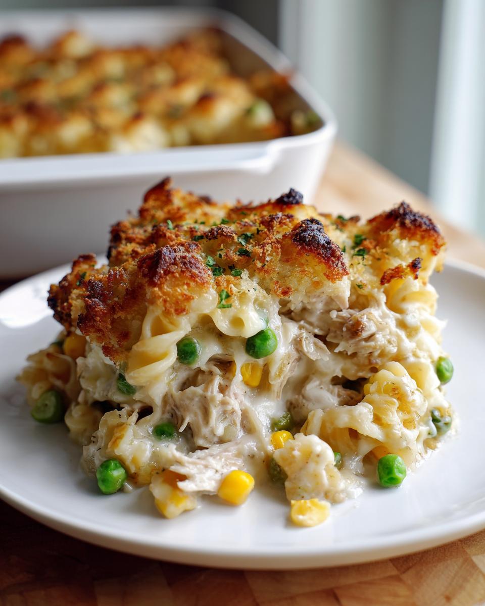 A serving of creamy tuna pasta bake with peas and corn, topped with golden brown breadcrumbs.
