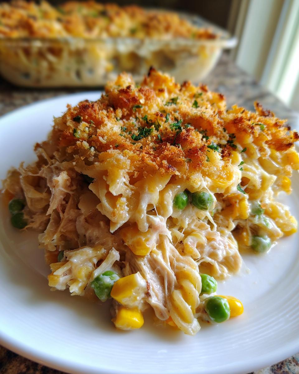 A close-up serving of creamy tuna pasta bake mixed with peas and corn, topped with crispy breadcrumbs.