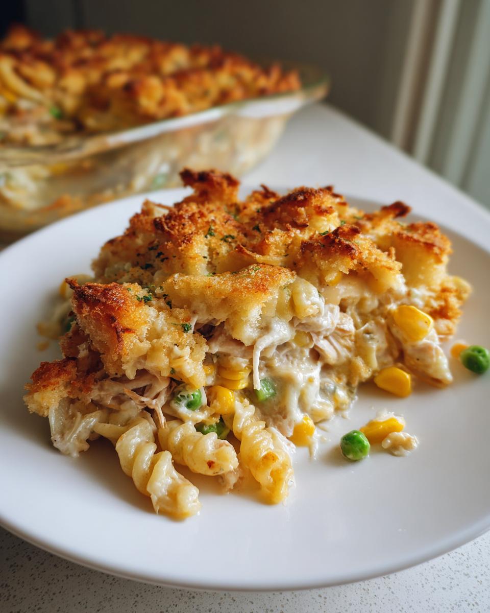 A serving of creamy tuna pasta bake with corn and peas, topped with a golden, crunchy breadcrumb crust.