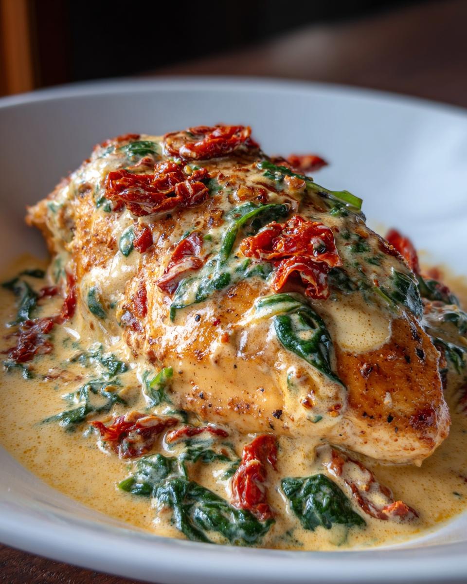 Close-up of a golden-brown chicken breast smothered in creamy Tuscan sauce with spinach and sun-dried tomatoes.