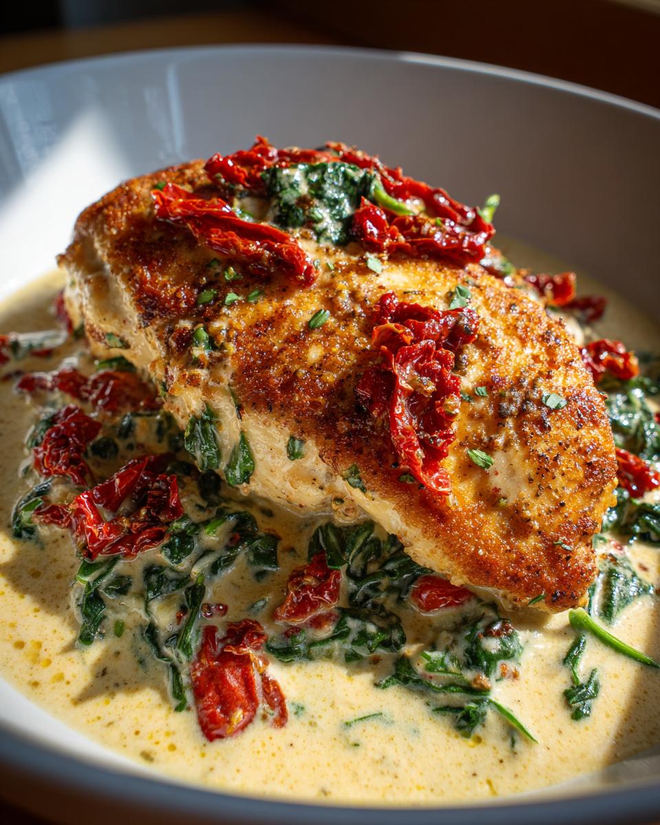 Close-up of a seared chicken breast served in a rich, creamy sauce with spinach and sun-dried tomatoes: Creamy Tuscan Chicken.