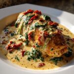A golden seared chicken breast smothered in creamy Tuscan sauce with spinach and sun-dried tomatoes.
