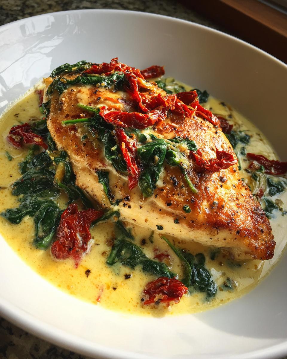 A golden-brown chicken breast smothered in a rich, creamy sauce with wilted spinach and sun-dried tomatoes, part of the creamy tuscan chicken recipe.