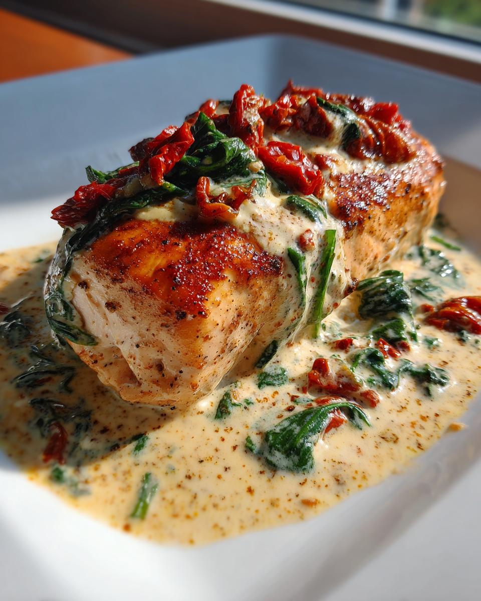A close-up of a seared chicken breast smothered in creamy Tuscan sauce with spinach and sun-dried tomatoes.