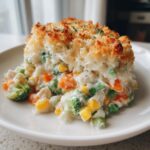 A serving of creamy vegetable casserole featuring broccoli, carrots, peas, and corn, topped with a golden, crunchy crust.
