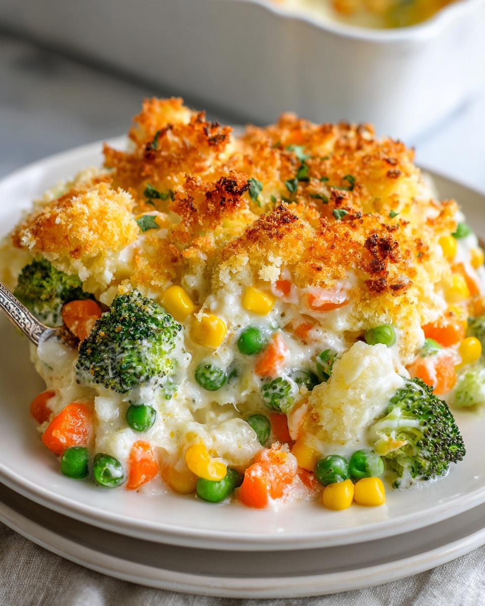 A serving of creamy vegetable casserole featuring broccoli, carrots, peas, and corn, topped with golden breadcrumbs.