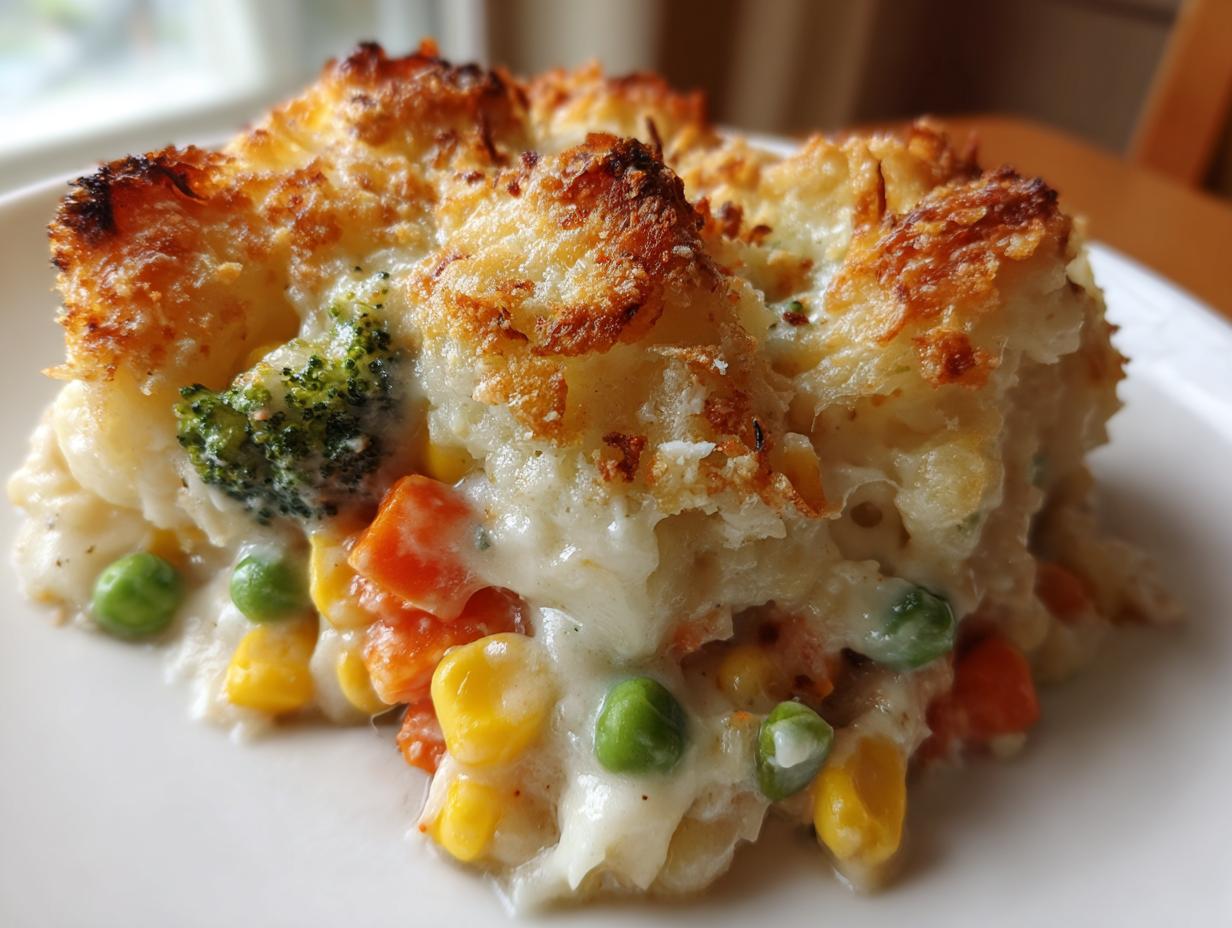 A close-up of a serving of creamy vegetable casserole featuring corn, peas, carrots, and broccoli under a golden, crispy topping.