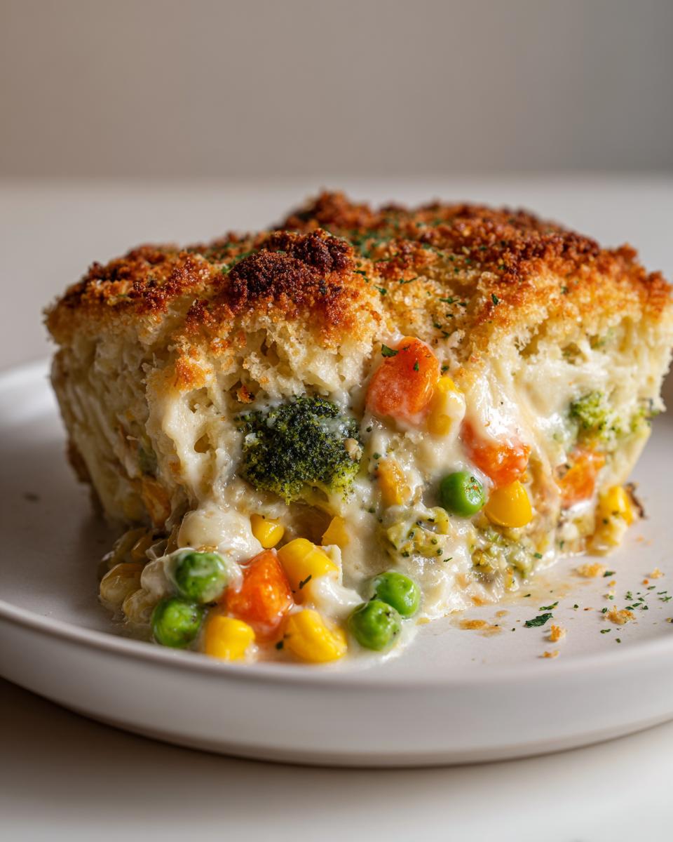 Close-up of a creamy vegetable casserole slice showing peas, carrots, corn, and broccoli in a white sauce, topped with golden brown crumbs.