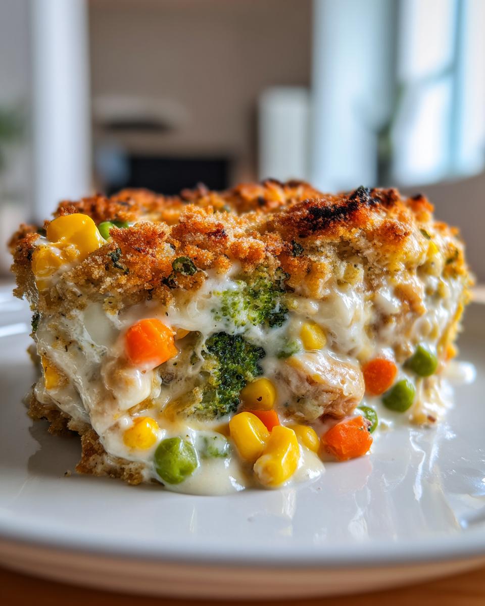 A close-up of a creamy slice of vegetable casserole featuring corn, peas, carrots, and broccoli under a golden, crunchy topping.