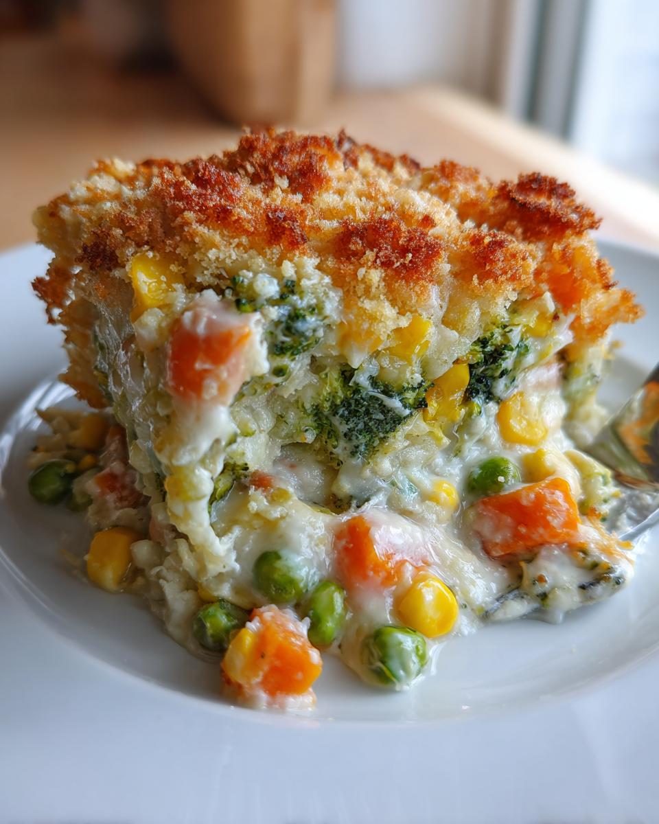 A close-up of a serving of creamy vegetable casserole featuring peas, carrots, corn, and broccoli under a crunchy, golden brown topping.